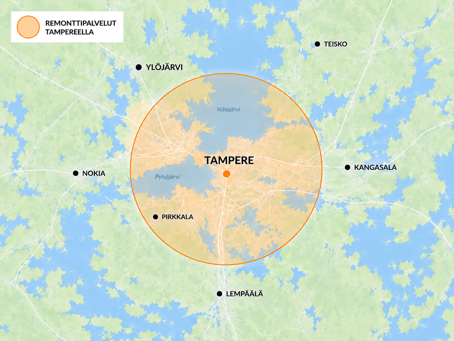 Remontit Tampereella ja lähialueilla – toiminta-alue kartalla